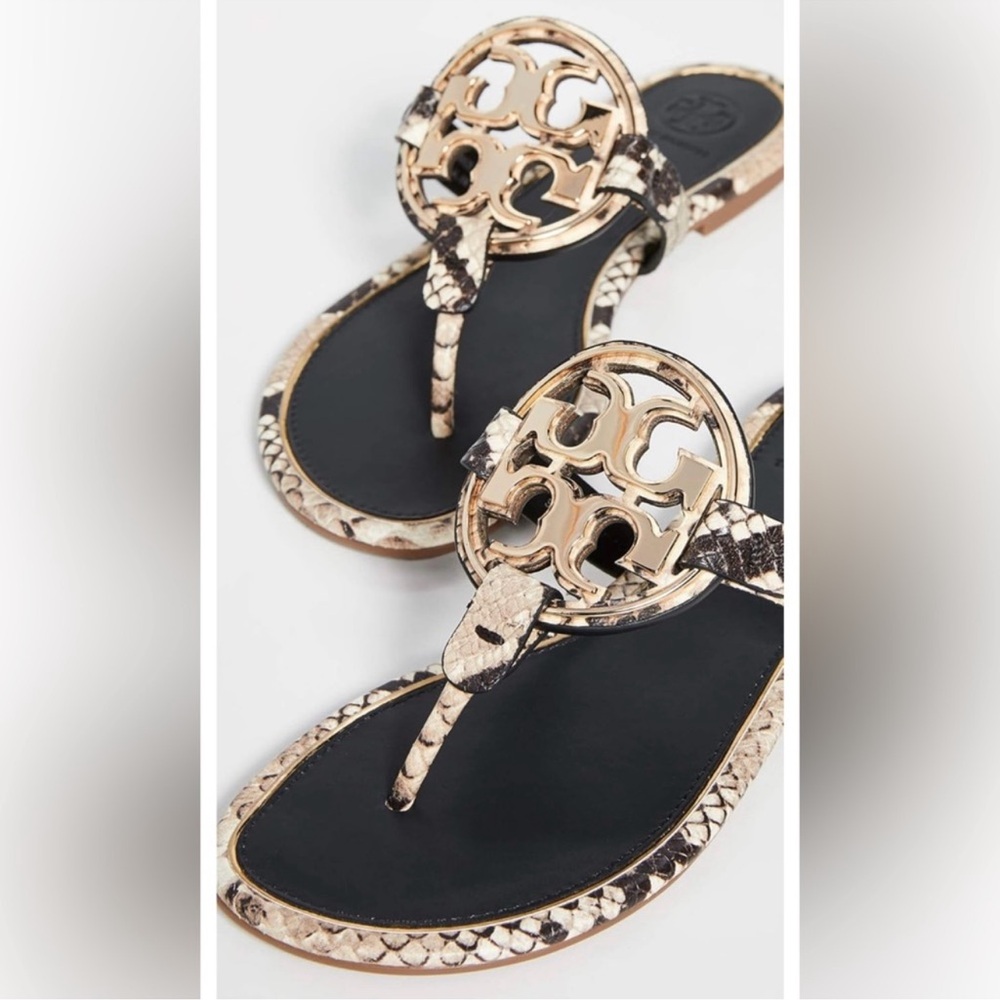 Tory Burch Metal Miller Stamped Snake Printed Leather Sandals Size 8.5